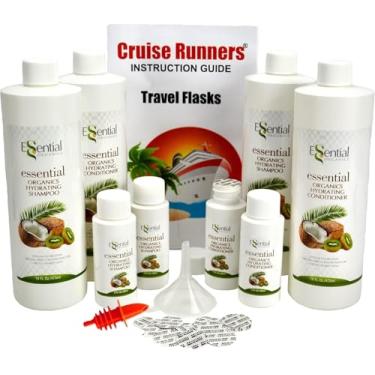 Imagem de CRUISE RUNNERS Kit de xampu com condicionador falso para esconder bebidas ocultas e contrabandear álcool na bebida Cruise com 4 garrafas de plástico TSA tamanho viagem e sela para corredores de rum para cruzeiro