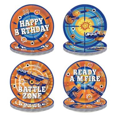 Imagem de Greencian 60 peças de pratos de papel de aniversário de guerra de dardos 18 cm, resistente, azul e laranja, pratos de papel para bolo de sobremesa, pratos descartáveis de videogame para crianças