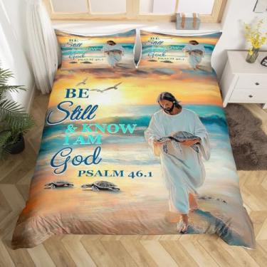 Imagem de Homewish Conjunto de capa de edredom Queen Size com versículos bíblicos, 3 peças para decoração de quarto de crianças, meninos, meninas, adolescentes, tema de versículos da Bíblia, capa de edredom com