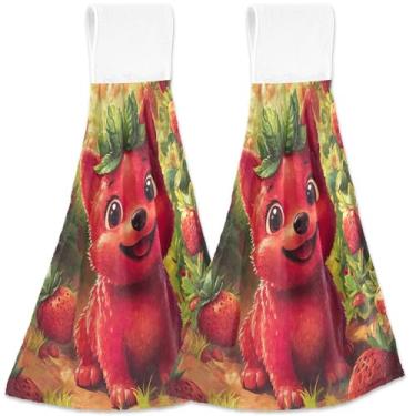 Imagem de TSENQUE Toalhas de mão fofas de cachorro Corgi de morango com laço para pendurar toalhas de forno personalizadas absorventes essenciais de cozinha decorativos macios, conjunto de 2, 45 x 35 cm