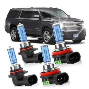 Imagem de KINGSOFE Lâmpadas de farol de halogênio para Chevrolet Chevy Suburban 2015-2020, 9005/HB3/H10 farol alto + farol baixo H11/H8/H9, luzes frontais brilhantes do carro, luz branca 6000K, Plug and Play