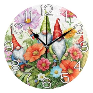 Imagem de Relógio de parede analógico decorativo estético silencioso sem tique-taque relógio de cozinha de escritório, decoração de parede vintage, sala de estar, flor floral de gnomos fofos, 25 cm, ponteiros