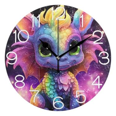 Imagem de Relógio de parede analógico decorativo operado por bateria relógio de cozinha de escritório, decoração de sala de estar, arte moderna, dragão fofo, arco-íris, 25 cm, ponteiros dourados