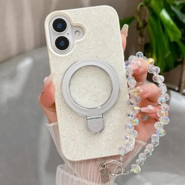 Imagem de Capa de celular com pulseira e contas de cristal Dazzle para iPhone 16, 15, 14, 13, 12, 11 Pro Max Plus, capa traseira com suporte magnético, branca, para iPhone 15 Pro