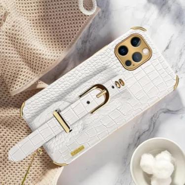 Imagem de IRTGFG Capa com alça de pulso de couro com revestimento de luxo para iPhone 16 Plus (para iPhone 16 Plus/branco)