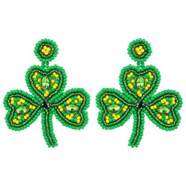 Imagem de 2 brincos de Dia de São Patrício, lindos brincos de trevo feitos à mão com contas de folhas verdes para presente feminino, brincos irlandeses da sorte, acessórios de joias de férias, Medium, Vidro,