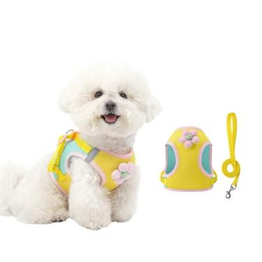 Imagem de Peitoral para cães de malha floral com coleira combinando, colete leve de verão, rosa/amarelo (amarelo, M: 3,6 a 5,4 kg)