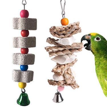 Imagem de PINVNBY Pacote com 2 brinquedos de papagaio para pássaros mastigáveis, bico de espinha de corcinha, gaiola de pedra para pendurar com sino para cinzas africanas, amazonas, conure, eclectus, periquito
