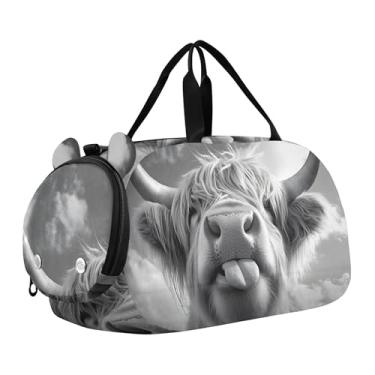 Imagem de Bolsa esportiva de viagem para meninos, burro, desenho animado, cavalo, durante a noite, para o fim de semana, bolsas de viagem, bolsa esportiva de dança, Funny Highland Cow Black 1, Clássico