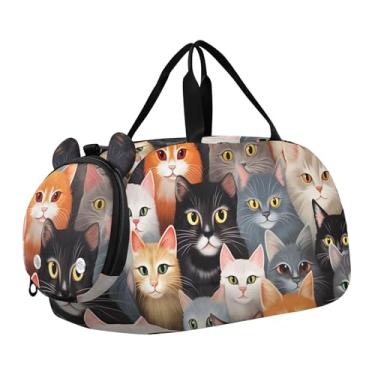 Imagem de Bolsa esportiva para meninos e crianças pequenas, estilo chinês, árvores, flores, pássaros, bolsa de viagem com compartimento para sapatos, gatos fofos e coloridos, Clássico
