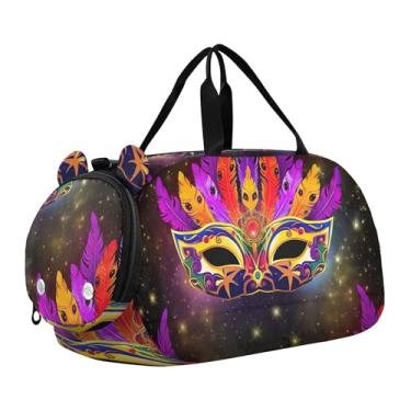 Imagem de Bolsa esportiva azul Ocean Sea Creatures para meninos e meninas de fim de semana, Máscara de carnaval com penas vibrantes, Clássico