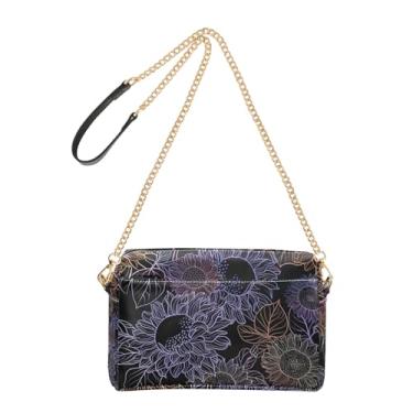 Imagem de Joitme Bolsa tiracolo feminina bolsa para celular linda floral girassol estampa escura bolsa de ombro de couro PU com alça de corrente