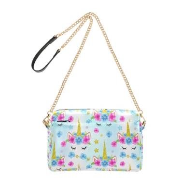 Imagem de Joitme Bolsa feminina transversal para celular bolsa de ombro de couro PU com alça de corrente linda flor de unicórnio