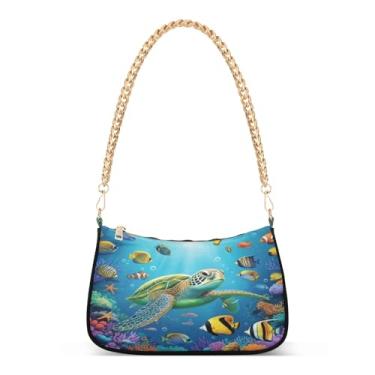 Imagem de Bolsa de ombro colorida subaquática vida marinha tartaruga corrente, bolsa de mão artística Hobo para mulheres, bolsa clutch média moderna todos os dias