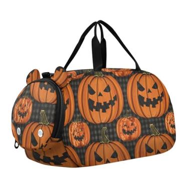 Imagem de Bolsa esportiva para meninos de fim de semana para noite com caras fofas de coala, amarelo claro, bolsas de viagem para meninas, compartimento para sapatos, Tecido acolchoado de abóbora de Halloween