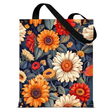 Imagem de QYCFDXD Sacola vintage de lona floral de girassol para mulheres, flores, botânica, escura, estética, reutilizável, bolsa de ombro para compras, compras, viagens, trabalho, praia, totes