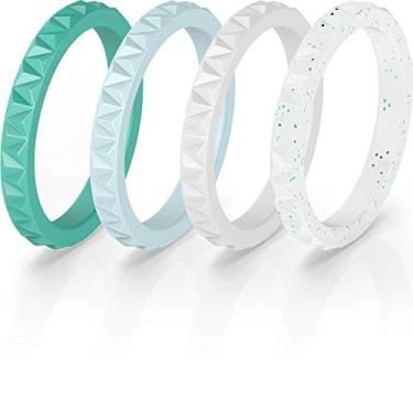 Imagem de Anéis de Casamento Femininos ThunderFit em Silicone (sem metal/pedra) – Kit 4 Unidades Empilháveis com Textura Triangular – Largura 2,8 mm, Espessura 2 mm, Teal, Light Teal, White, White Teal Glitter, 11.5 - 12 (21.3mm)