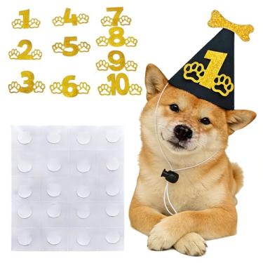 Imagem de Chapéu de aniversário de animais de estimação para cães, chapéu de feltro preto de 2 mm com cordão elástico ajustável + 1 a 10 números dourados com glitter (kit faça você mesmo) - Papel com glitter de