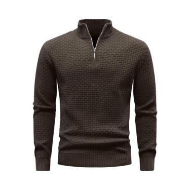 Imagem de Suéter Masculino De Inverno Quente Com Zíper, Gola Alta Em Tricô Waffl