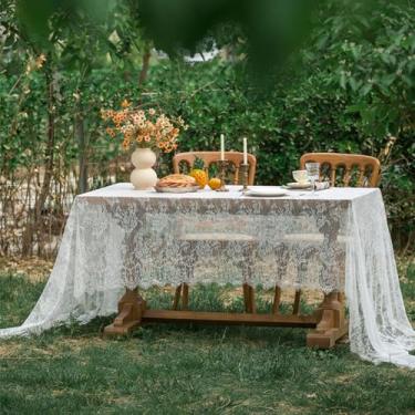 Imagem de Jeloris Toalha de mesa retangular de renda branca vintage bordada para casamento, jantar, cozinha, festa de casamento (152 x 152 cm, estilo 1)
