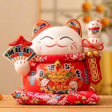 Imagem de FENNYYAR Ventoinha de cerâmica gato feliz vermelho sorrindo gato riqueza com caixa de presente, 20 cm 7,9 polegadas, presente de decoração de abertura de loja