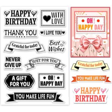 Imagem de PH PandaHall Carimbo transparente de feliz aniversário, palavras de bênção, selo de silicone, banner de borracha transparente para decoração de cartões de presente, diário, cartão postal, álbum de