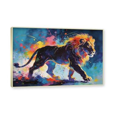 Imagem de NHLDZYH Moldura dourada. Pintura de leão colorida, impressão de arte abstrata vibrante, decoração de parede de animais selvagens e enérgicos, tela contemporânea moderna para quarto, academia, quarto