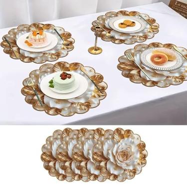 Imagem de Conjunto de 4 tapetes redondos laváveis com flores brancas douradas para casa, cozinha, mesas de jantar e restaurantes, antiderrapante, fácil de limpar