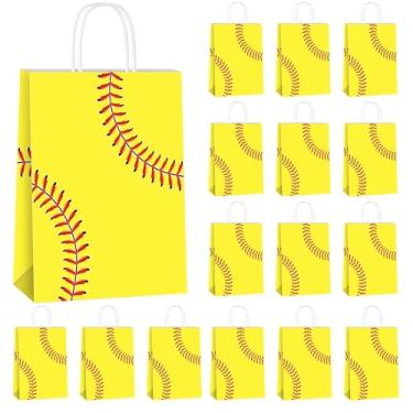 Imagem de MIMIND Pacote com 16 sacos de presente de softbol com alças de papel para lembrancinhas de festa de softball, para aniversário, dia de jogo, suprimentos de festa com tema esportivo