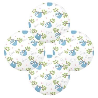 Imagem de Wassud Jogo americano conjunto de 4 tapetes de mesa redondos com preguiças azuis fofas para cozinha e jantar tapetes laváveis resistentes ao calor decoração de mesa 39 cm