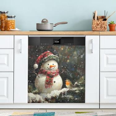 Imagem de xigua Capa magnética preta de boneco de neve de Natal, adesivos magnéticos decorativos antiarranhões para painel de geladeira e lava-louças, decoração personalizada de cozinha doméstica 58 x 66 cm
