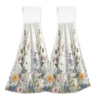 Imagem de xigua Conjunto de 2 toalhas de cozinha coloridas de flores silvestres, toalhas de cozinha macias e absorventes rápidas com laço para pendurar e adesivos mágicos, toalhas de mão de pano para pendurar