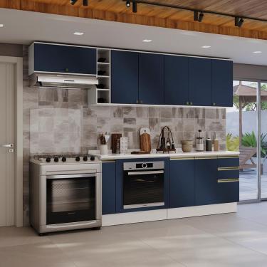 Imagem de Armário De Cozinha Completa 3 Gavetas 100% Mdf 300cm Branco/azul Profundo Celeste Kappesberg