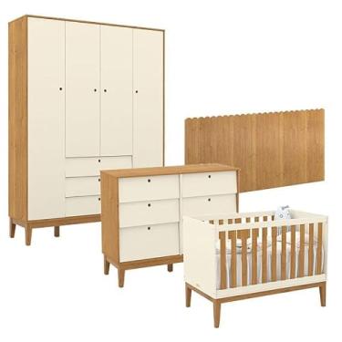 Imagem de Quarto de Bebê Unique 4 Portas com Cômoda 6 Gavetas e Painel Farm Off White Freijó Eco Wood - Matic
