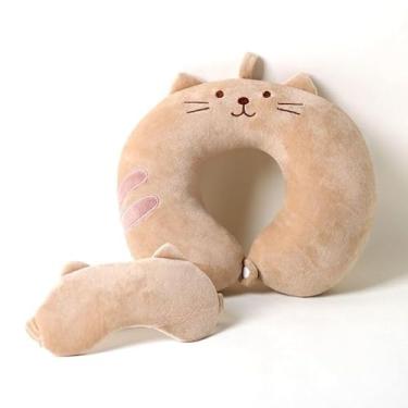 Imagem de Conjunto de almofada de pescoço e máscara de dormir para adultos Conforto para o pescoço em aviões, carros e escritórios (Marrom Gatinho (UJZYZ-TU03))