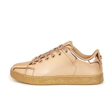 Imagem de LUCKY STEP Tênis com glitter com cadarço | Tênis fashion | Sapatos brilhantes para mulheres, Metal ouro rosa, 9