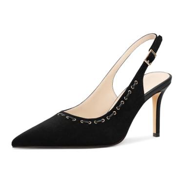 Imagem de AUMOTED Sapato social feminino com bico fino fechado salto alto stiletto couro camurça ajustável tira no tornozelo elegante sapato social 8,6 cm, Camurça preta, 38