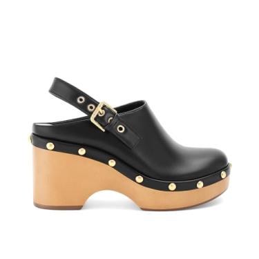 Imagem de OMLISHZTY Tamancos femininos de couro cravejados, bico fechado, sem cadarço, plataforma vintage, salto cunha, fivela de outono, sapatos deslizantes casuais confortáveis para uso diário, Preto, 38 BR