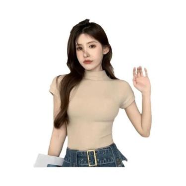 Imagem de Camiseta Cropped Feminina Vintage Coreana De Manga Curta Com Gola Redo