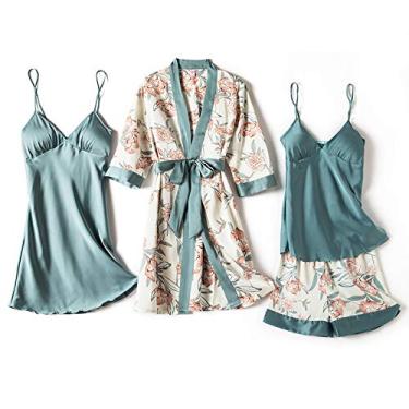 Imagem de HHHJQFAAT Pijama feminino de cetim curto quimono robe pijama vestido lingerie de renda conjunto roupão de banho camisola G preto 4 peças (verde lago 4 peças)