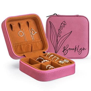 Imagem de Caixa organizadora de joias personalizada de couro personalizado com nome e flor de nascimento - presentes de aniversário para mulheres, estojo de viagem personalizado para mãe - bege (rosa)