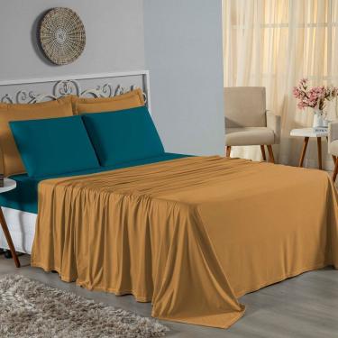 Imagem de Jogo De Cama Solteiro Nobre 3 Peças Lençol Com Elástico De 30cm De Altura Malha 100% Algodão - Cobre / Petróleo