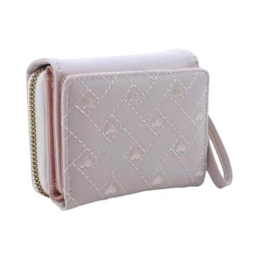 Imagem de Carteira Feminina Curta De Couro PU Com Padrão De Amor Bordado, Dobráv