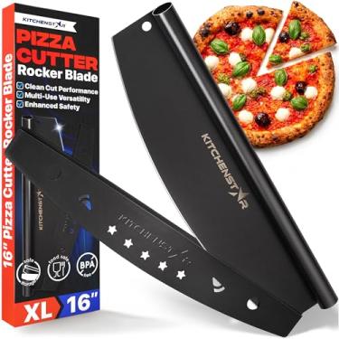 Imagem de Cortador de pizza preto antiaderente de 40,6 cm da Kitchenstar | Faca de fatiador de aço inoxidável afiada – Estilo roqueiro com capa de lâmina | Porções perfeitas para picar e fatiar + Seguro para lava-louças – Acessórios de forno de pizza premium
