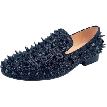 Imagem de Sapato social masculino Justyourstyle de couro e mocassins com pontas de espiga, sem cadarço, rebite, longo, preto/dourado/vermelho, Preto, 8