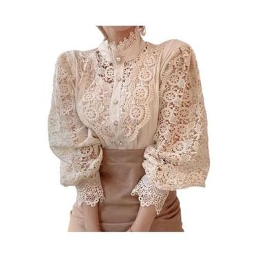 Imagem de Camisa Elegante Feminina De Renda Com Gola Alta E Manga Em Pétala, Blu
