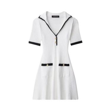 Imagem de Vestido Feminino Slim Fit Com Decote Em V, Saia Curta Canelada, Cintur