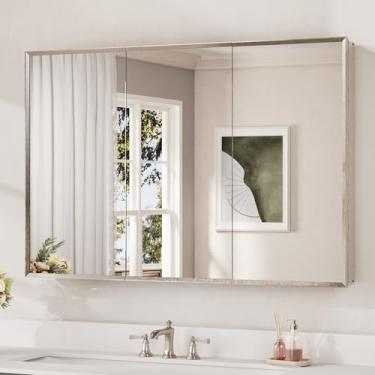 Imagem de Keonjinn Espelho grande para armário de remédios 122 cm x 81 cm, montagem necessária, armário de banheiro escovado Nicke com espelho, moldura chanfrada, prateleiras ajustáveis contínuas, superfície