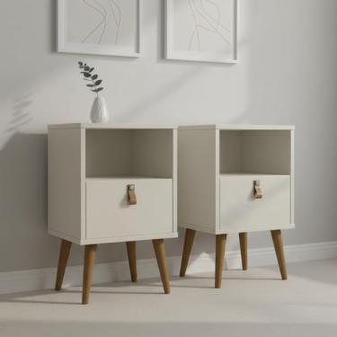 Imagem de Kit 2 Mesas De Cabeceira Off White Retrô Com Gaveta E Nicho