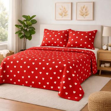 Imagem de Cobre Leito Casal Padrão 3 Peças 100% Algodão 200 Fios Corações Vermelho